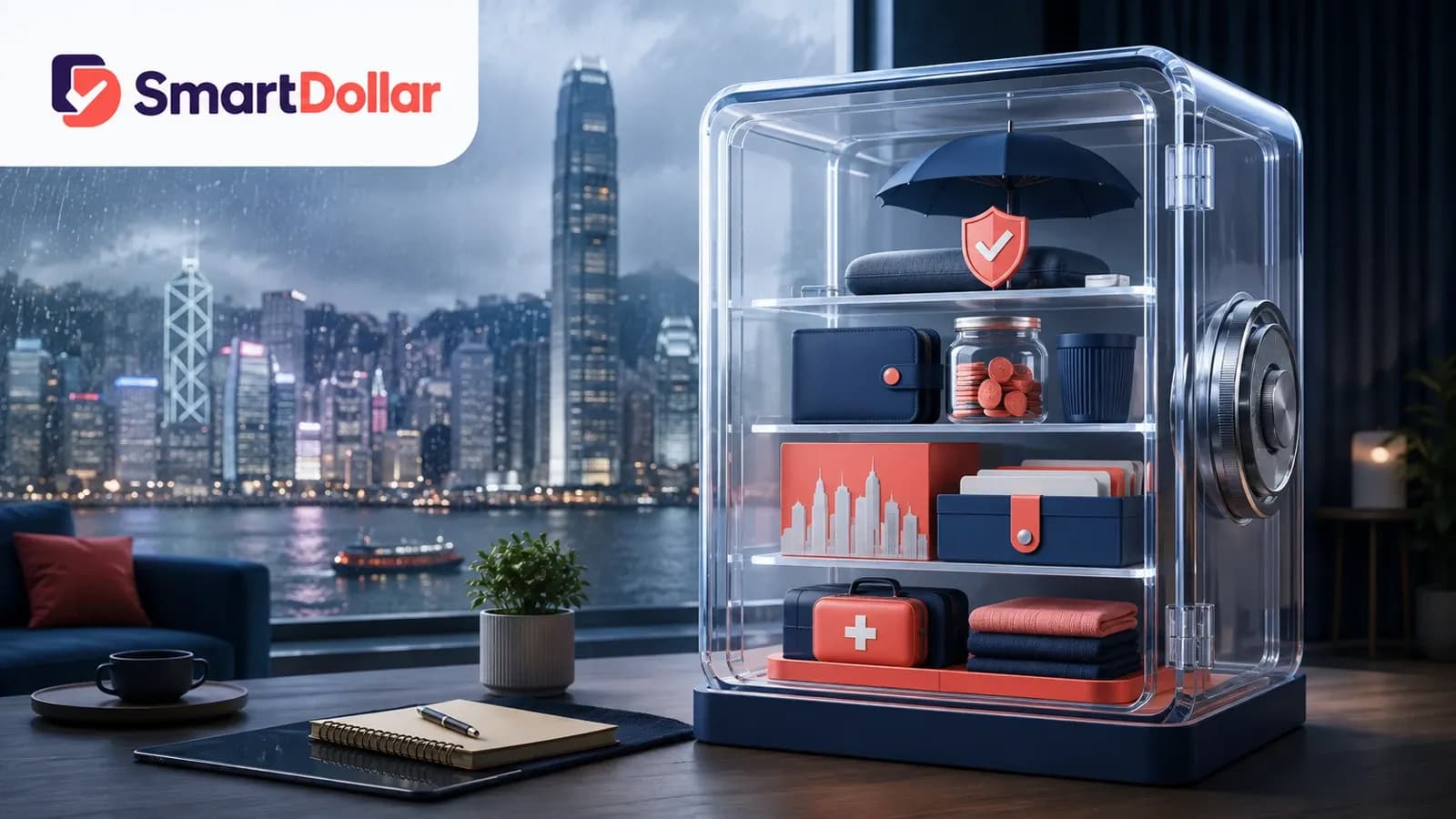 SmartDollar香港緊急預備金專題圖,以透明保護庫和雨天城市象徵流動資金