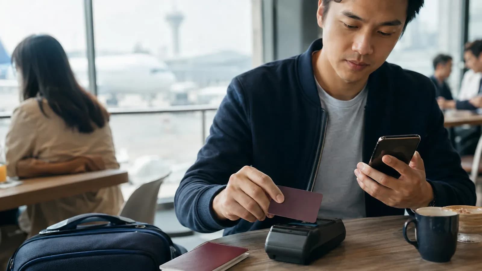 香港旅客在機場咖啡店以信用卡付款前查看手機
